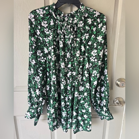 Mark & Spencer Green Floral Long Sleeve Tie Neck Blouse 16 ButtonUp Boho Ruffle - Picture 2 of 13